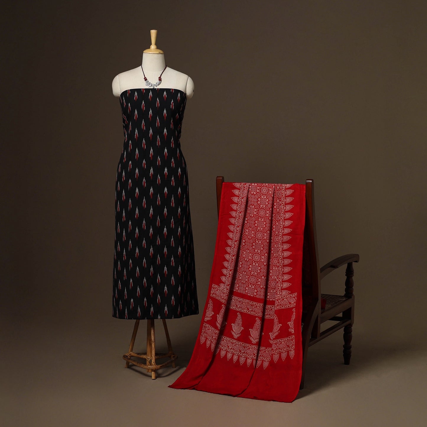 Black - 2pc cotton unstitched pochampally ikat dress