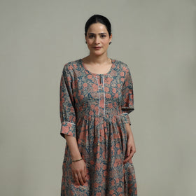 Green - Sanganeri Hand Block Print Pure Cotton Flared Dress 10