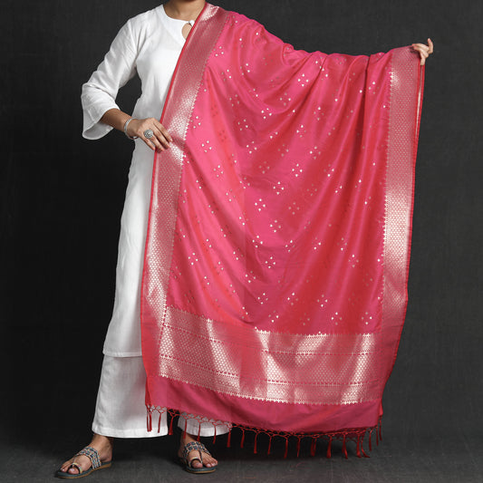 Pink - Banarasi Semi Silk Zari Jaal Dupatta with Tassels