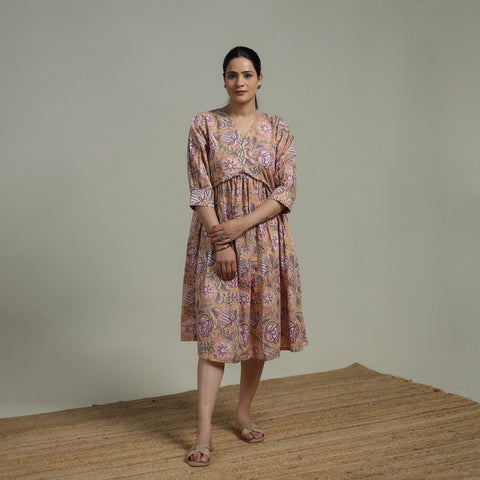 Beige - Sanganeri Hand Block Print Pure Cotton Angrakha Flared Dress 14