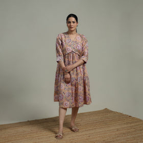 Beige - Sanganeri Hand Block Print Pure Cotton Angrakha Flared Dress 14