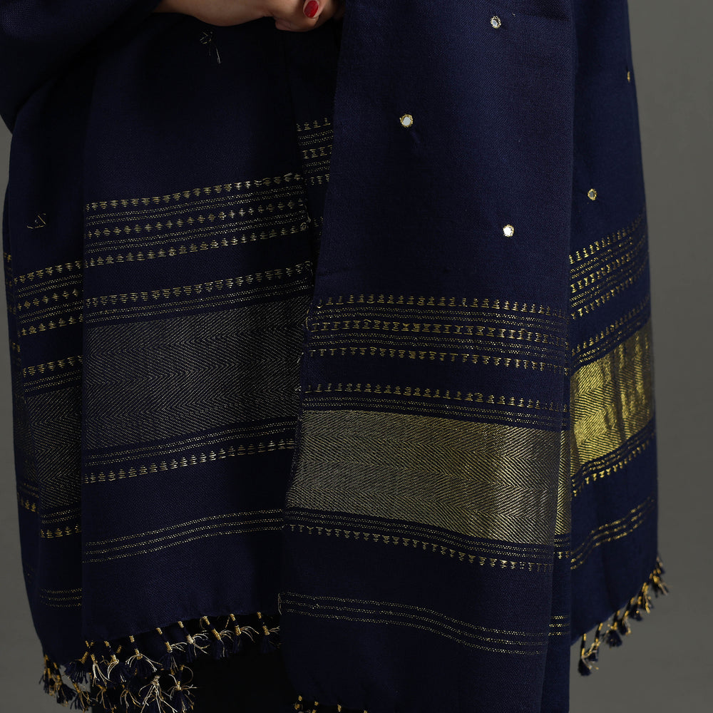 Blue - Kutch Zari Hand Embroidery Mirror Work Woollen Shawl 134