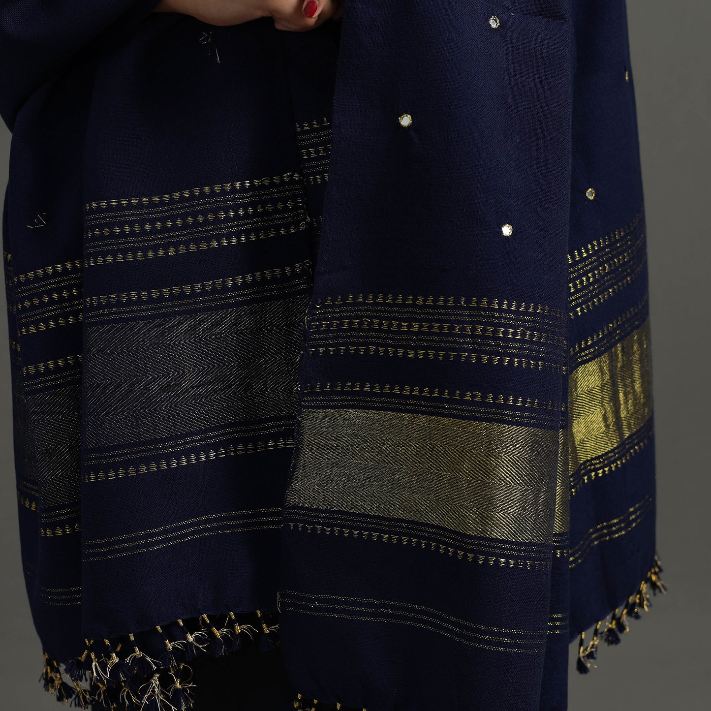 Blue - Kutch Zari Hand Embroidery Mirror Work Woollen Shawl 134