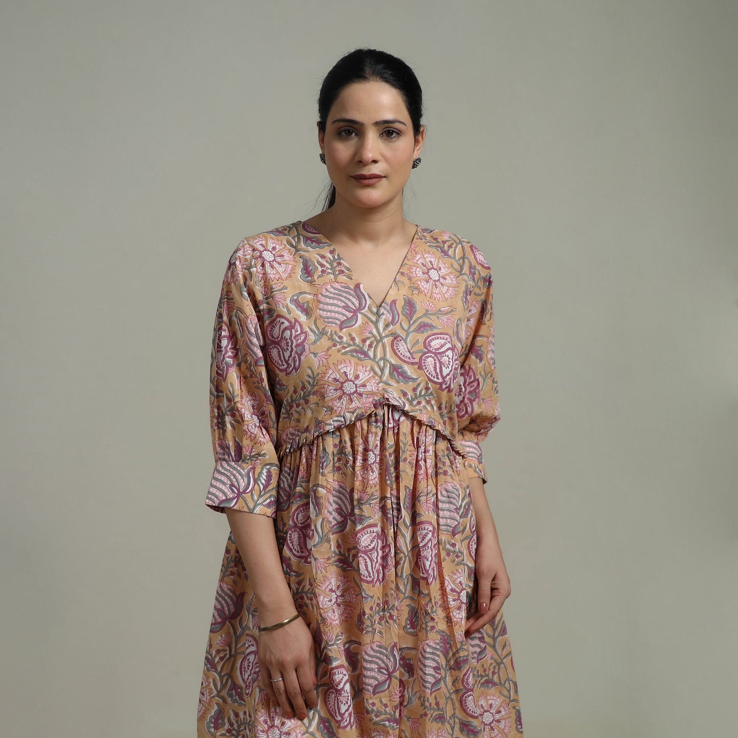 Beige - Sanganeri Hand Block Print Pure Cotton Angrakha Flared Dress 14