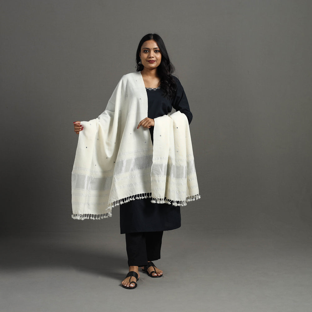 White - Kutch Zari Hand Embroidery Mirror Work Woollen Shawl 136