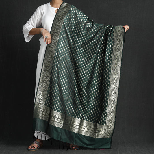 Green - Banarasi Semi Silk Zari Jaal Dupatta with Tassels