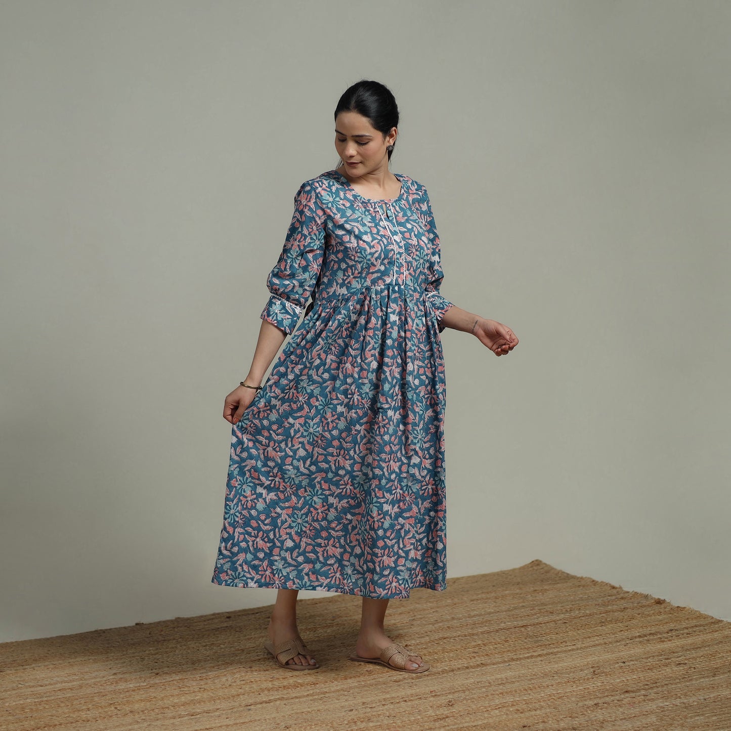 Blue - Sanganeri Hand Block Print Pure Cotton Flared Dress 09