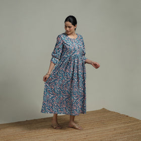 Blue - Sanganeri Hand Block Print Pure Cotton Flared Dress 09