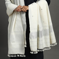 White - Kutch Zari Hand Embroidery Mirror Work Woollen Shawl 136