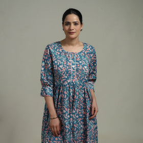 Blue - Sanganeri Hand Block Print Pure Cotton Flared Dress 09