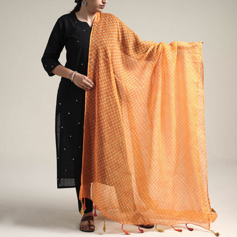 Orange - Leheriya Tie-Dye Mothra Kota Doria Cotton Dupatta with Tassels