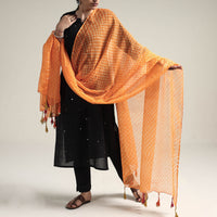 Orange - Leheriya Tie-Dye Mothra Kota Doria Cotton Dupatta with Tassels