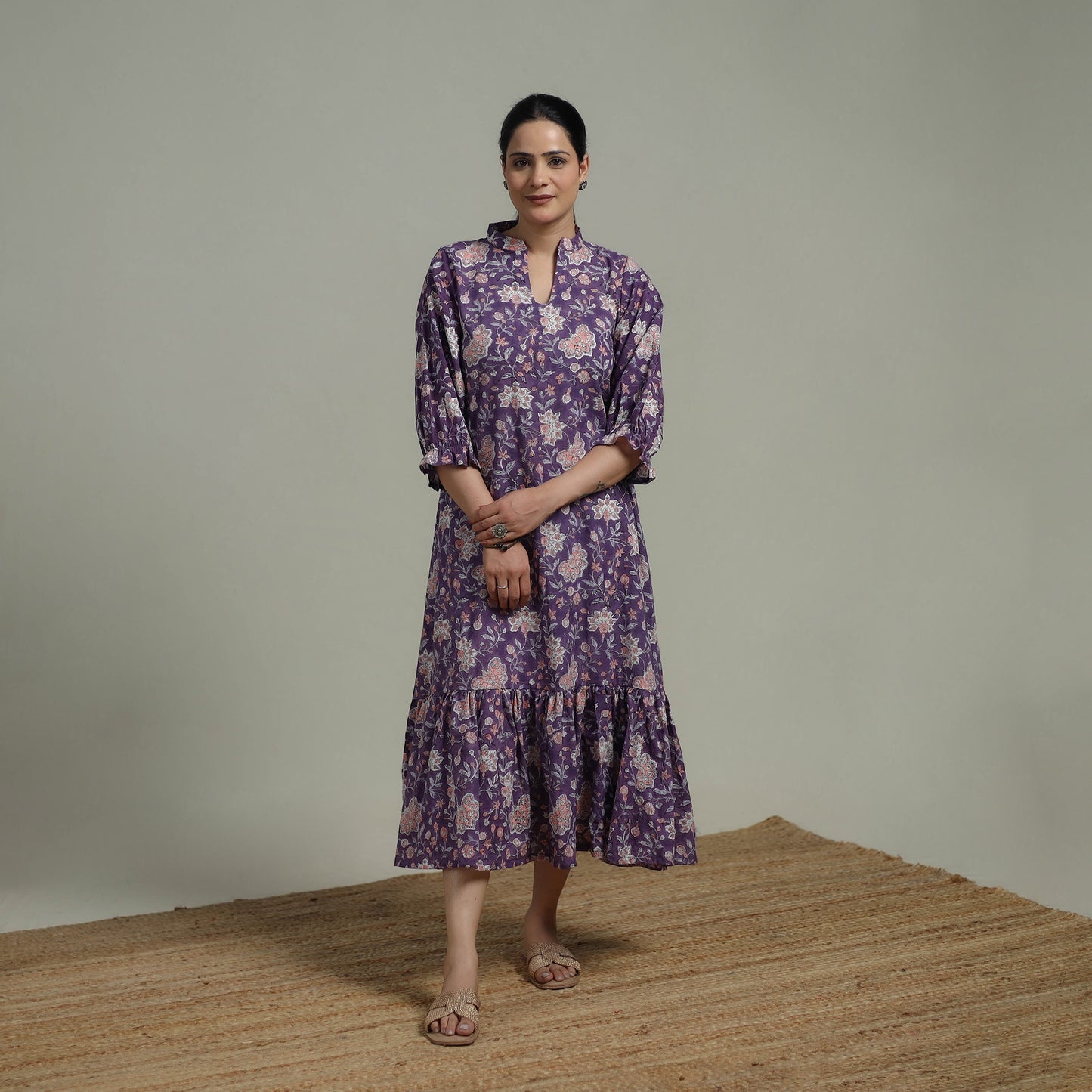 Purple - Sanganeri Hand Block Print Pure Cotton Tiered Dress 20