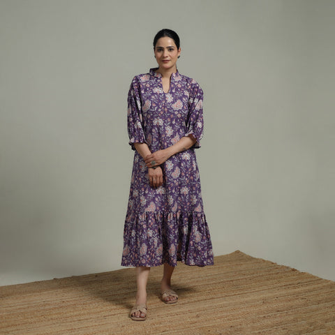 Purple - Sanganeri Hand Block Print Pure Cotton Tiered Dress 20