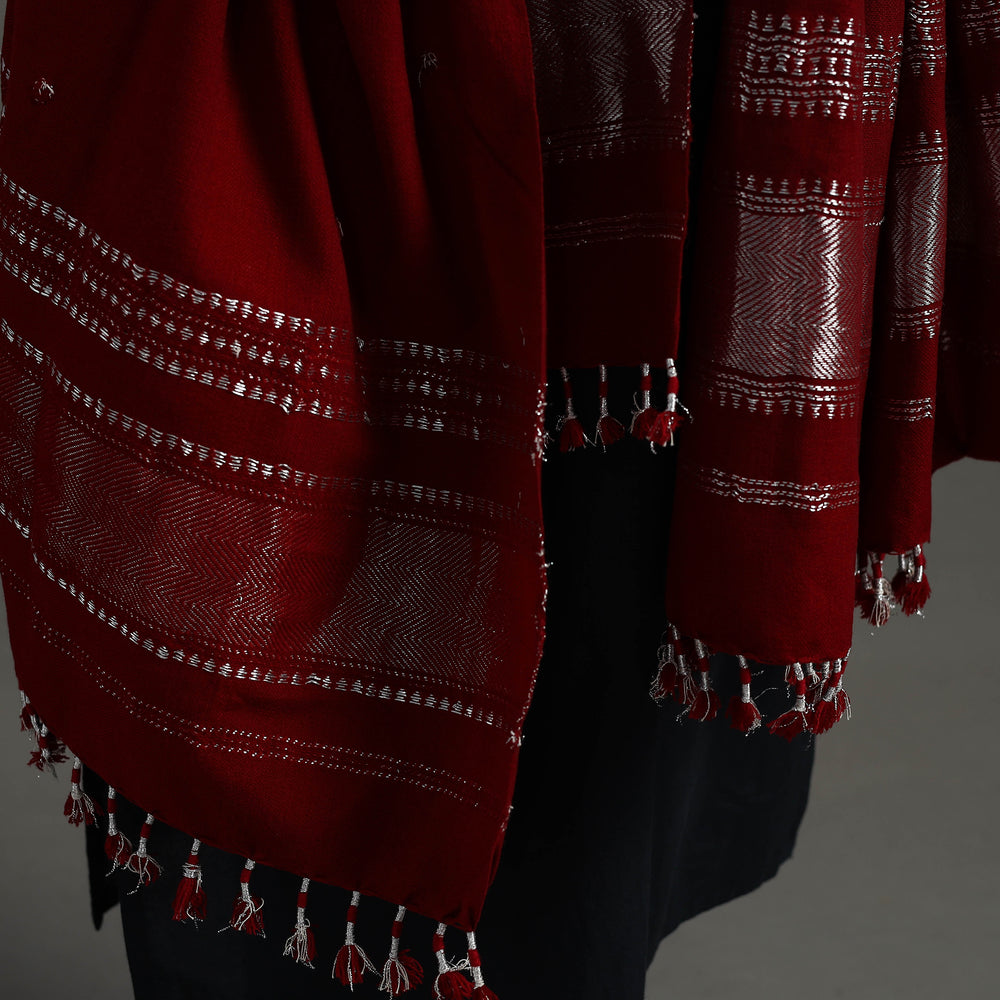 Red - Kutch Zari Hand Embroidery Mirror Work Woollen Shawl 138