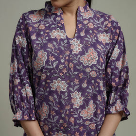 Purple - Sanganeri Hand Block Print Pure Cotton Tiered Dress 20