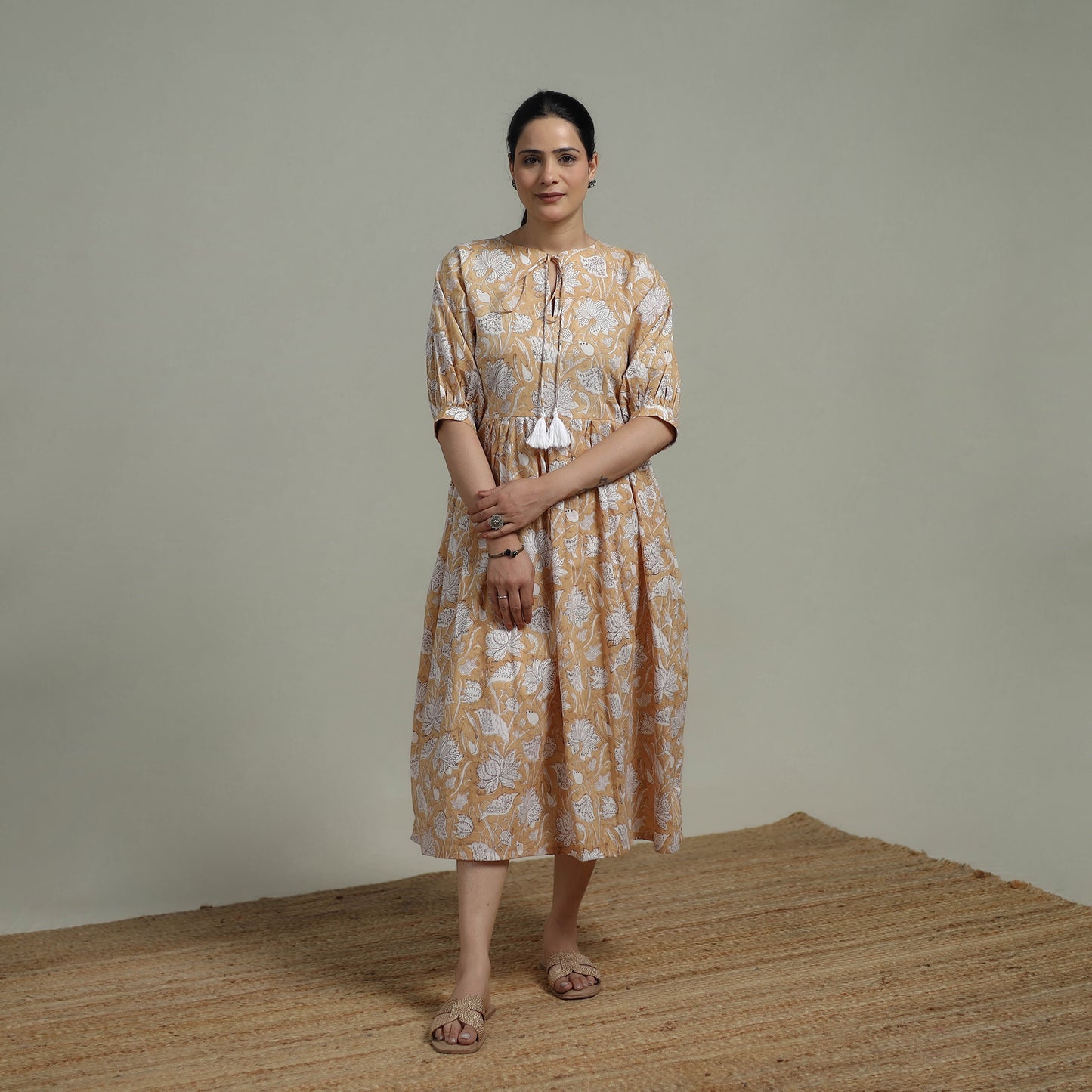 Beige - Sanganeri Hand Block Print Pure Cotton Flared Dress 05
