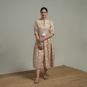 Beige - Sanganeri Hand Block Print Pure Cotton Flared Dress 05