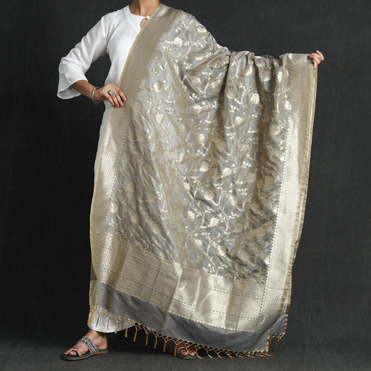 Grey - Banarasi Semi Silk Zari Jaal Dupatta with Tassels