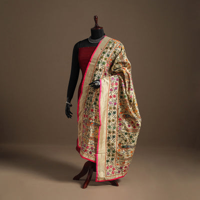 Pink - chanderi silk hand embroidery printed phulkari