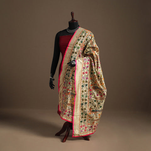 Pink - chanderi silk hand embroidery printed phulkari