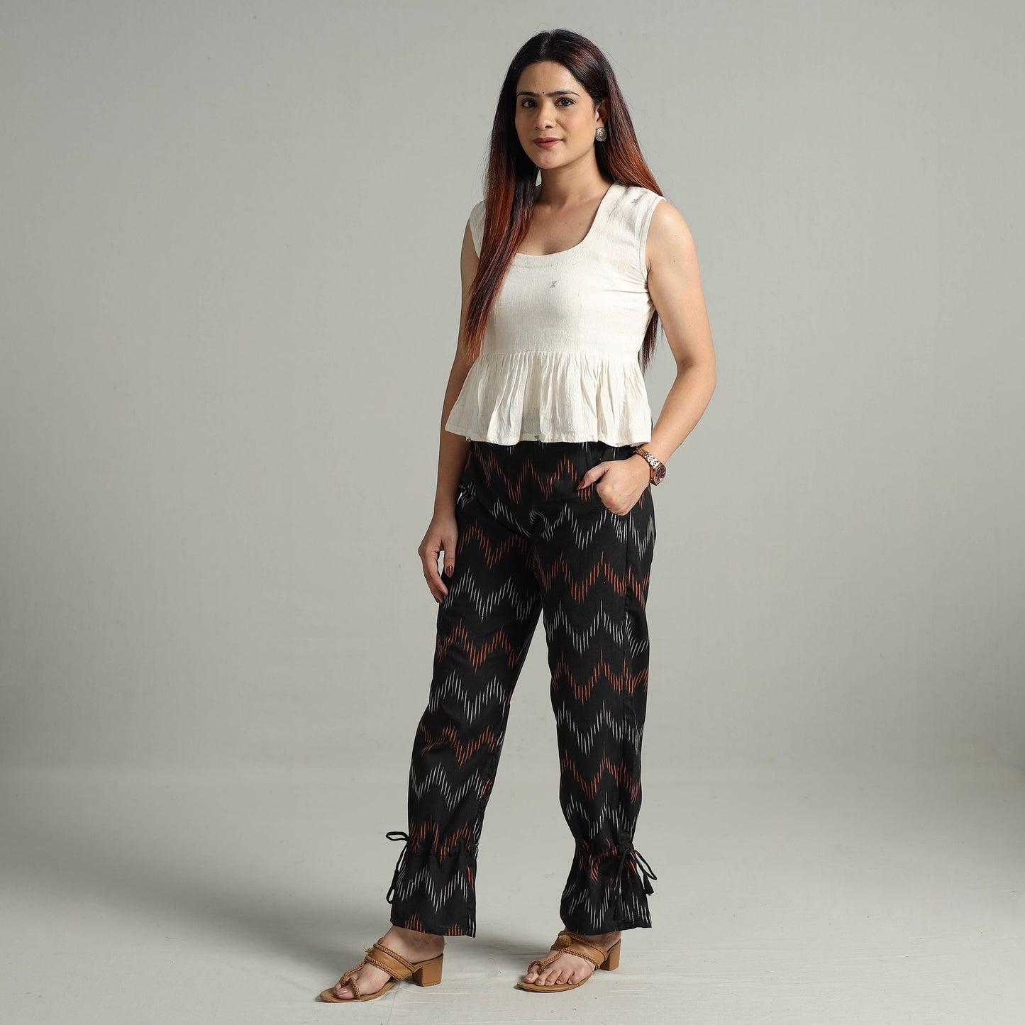 Black - Pochampally Ikat Weave Cotton Elasticated Pant 13