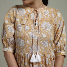Beige - Sanganeri Hand Block Print Pure Cotton Flared Dress 05