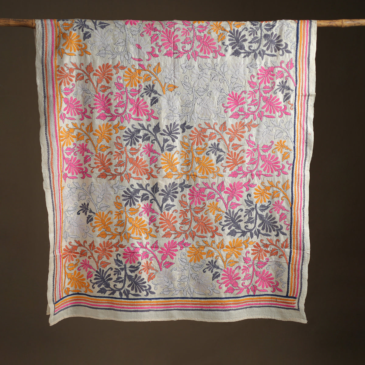 Tussar Silk Handloom Bolpur Kantha Hand Embroidered Dupatta 15