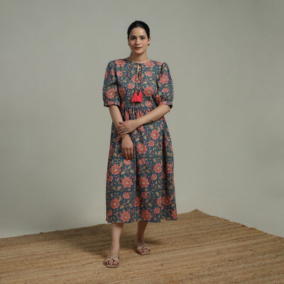 Blue - Sanganeri Hand Block Print Pure Cotton Flared Dress 04
