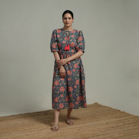 Blue - Sanganeri Hand Block Print Pure Cotton Flared Dress 04