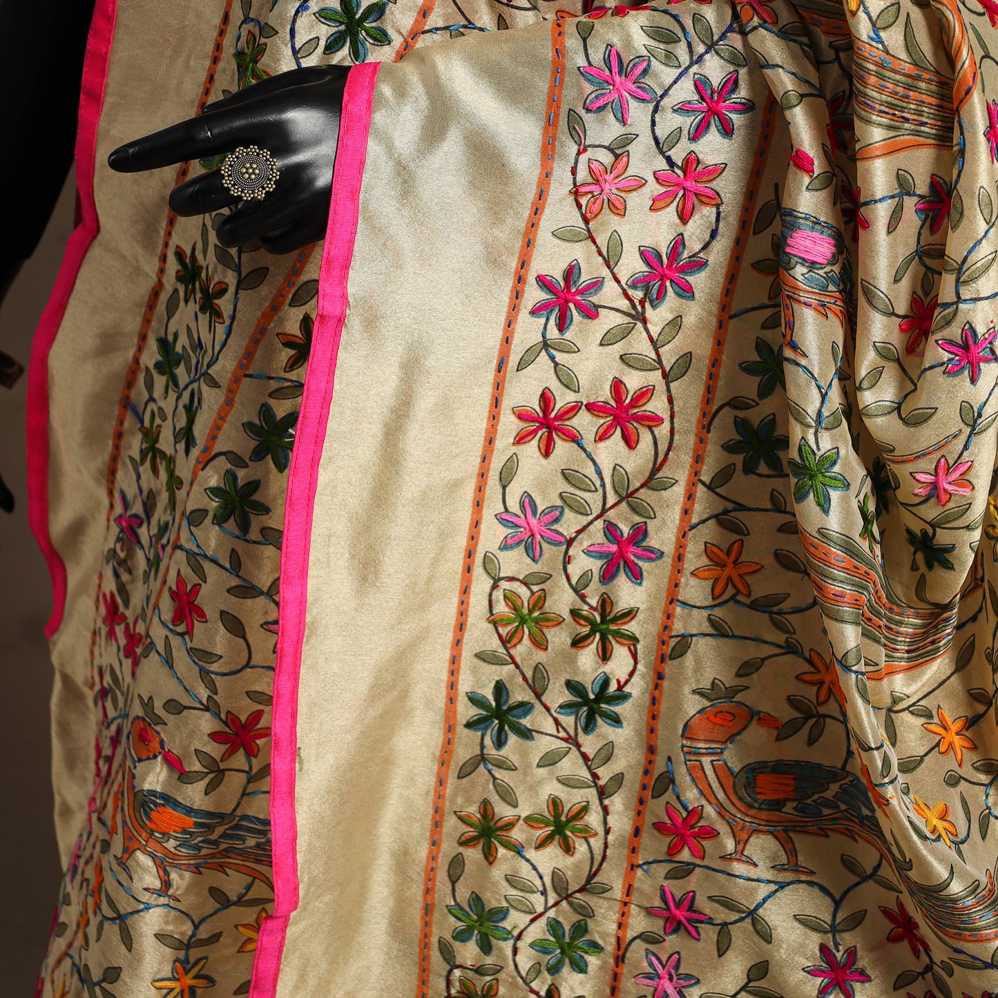 Pink - chanderi silk hand embroidery printed phulkari