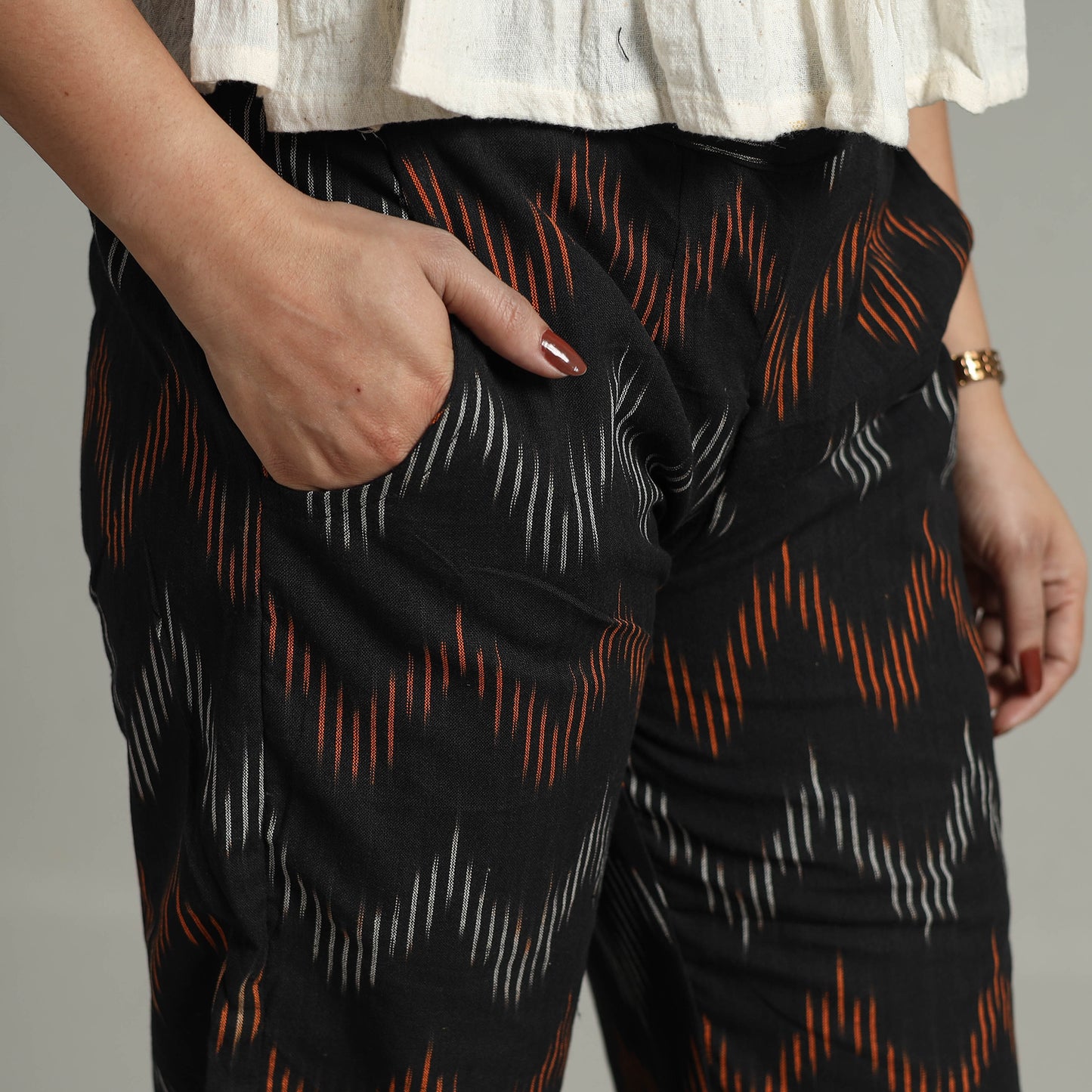 Black - Pochampally Ikat Weave Cotton Elasticated Pant 13