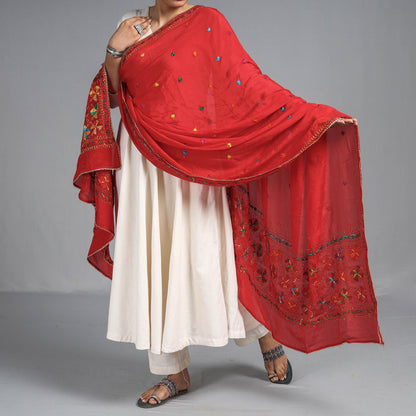 Red - Traditional Phulkari Hand Embroidered Semi Silk Chinon Dupatta