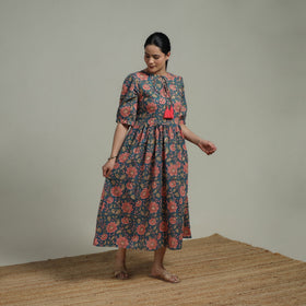 Blue - Sanganeri Hand Block Print Pure Cotton Flared Dress 04