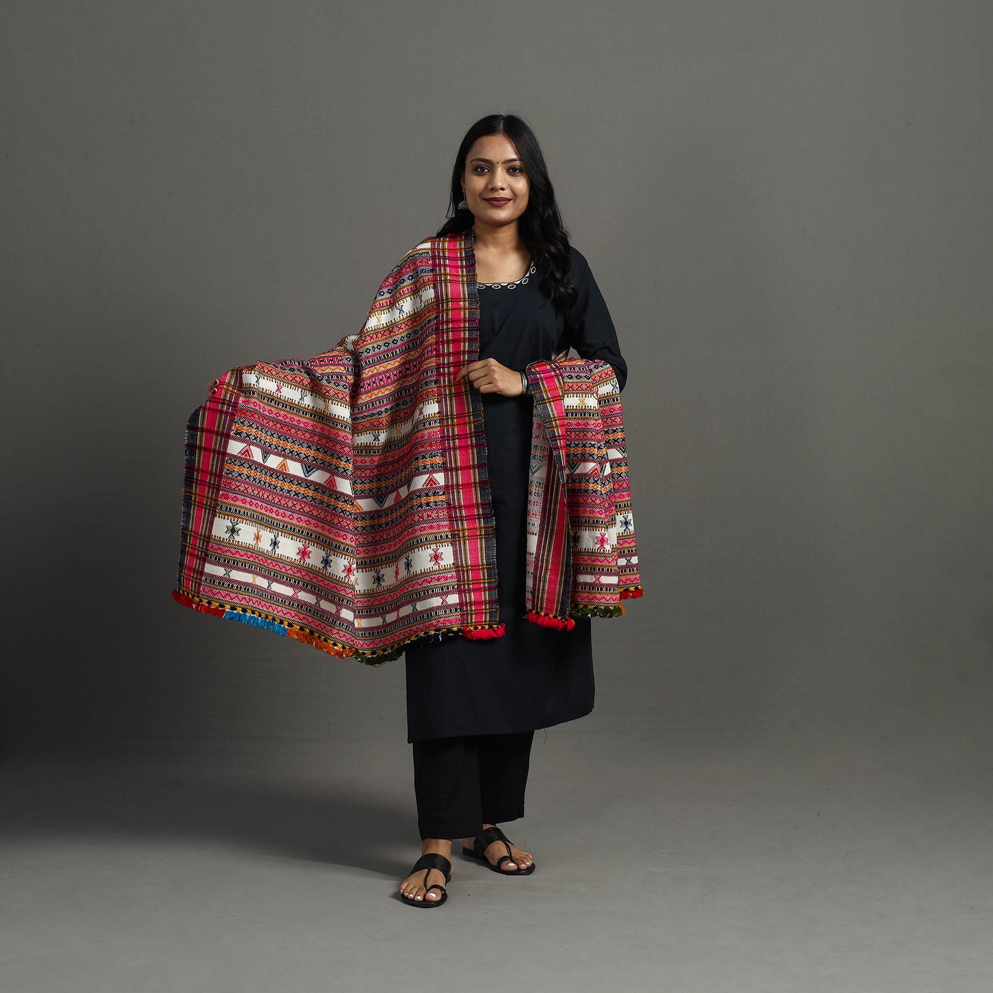 Multicolor - Allover Kutch Hand Embroidery Woollen Shawl 142