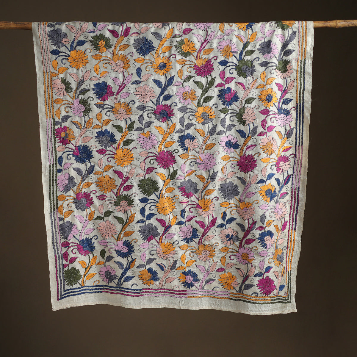 Tussar Silk Handloom Bolpur Kantha Hand Embroidered Dupatta 16
