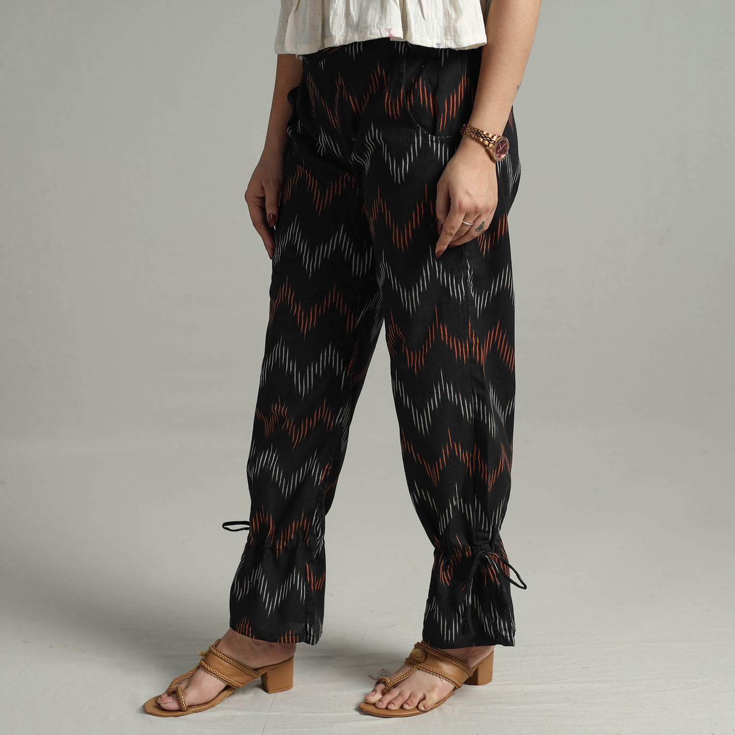 Black - Pochampally Ikat Weave Cotton Elasticated Pant 13