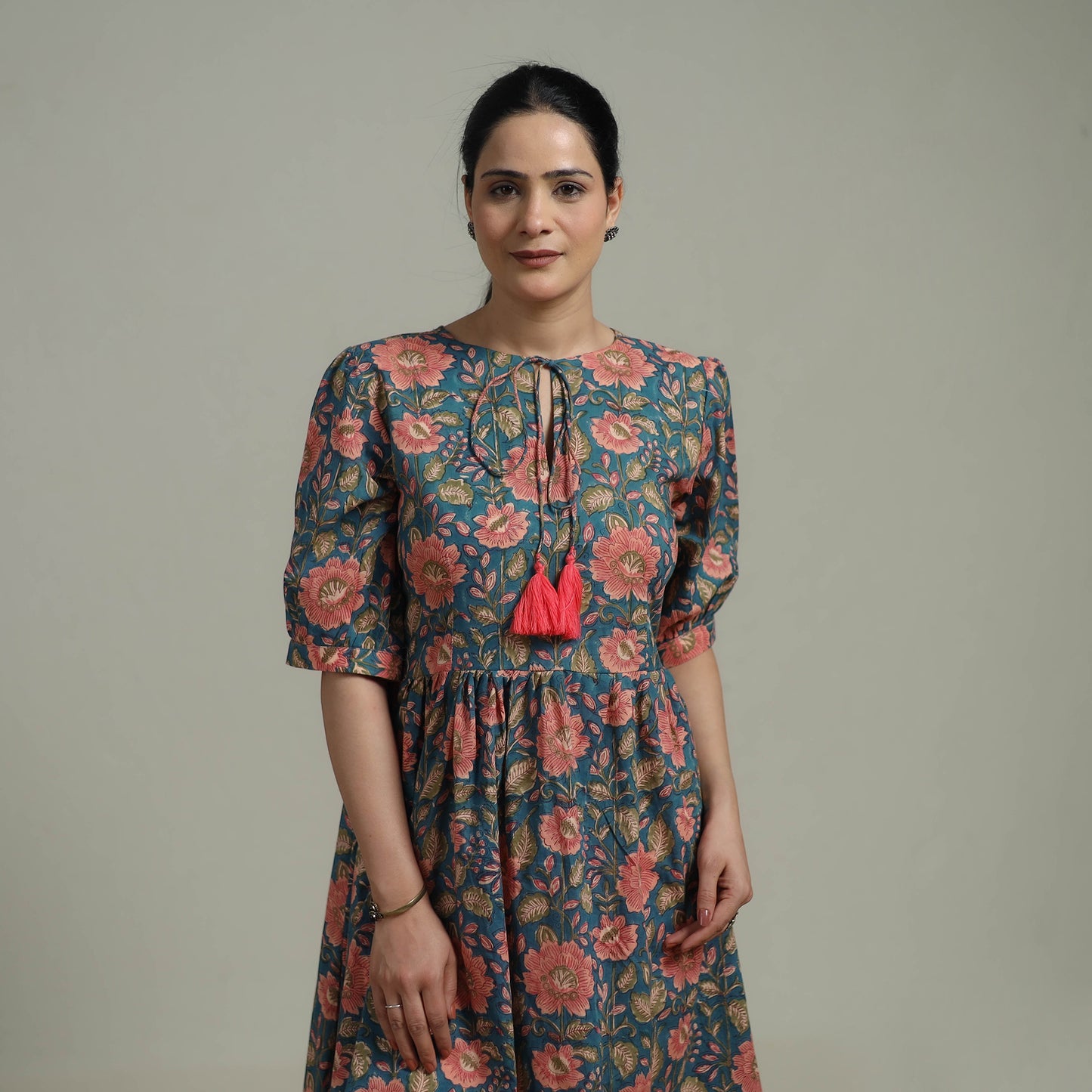 Blue - Sanganeri Hand Block Print Pure Cotton Flared Dress 04