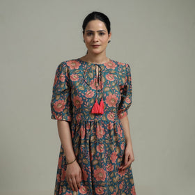 Blue - Sanganeri Hand Block Print Pure Cotton Flared Dress 04
