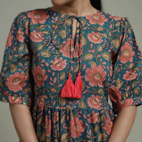 Blue - Sanganeri Hand Block Print Pure Cotton Flared Dress 04