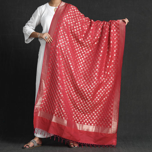 Red - Banarasi Semi Silk Zari Jaal Dupatta with Tassels