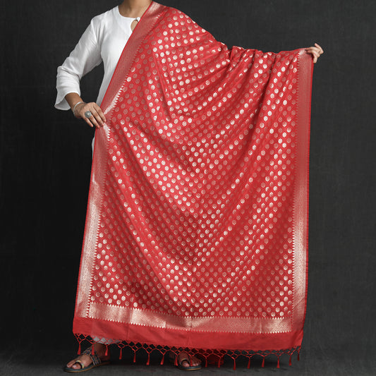 Red - Banarasi Semi Silk Zari Jaal Dupatta with Tassels