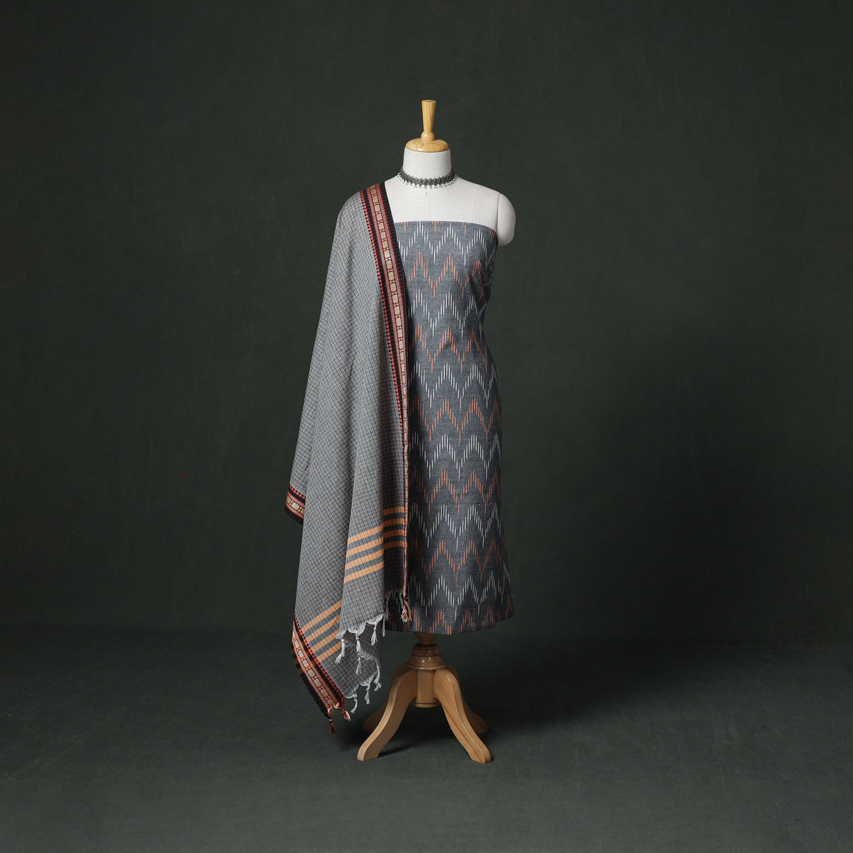 Pochampally Ikat Cotton Unstitched Dress Material: Kurta with Dupatta 01