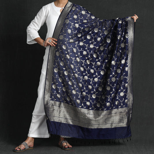 Blue - Banarasi Semi Silk Zari Jaal Dupatta with Tassels