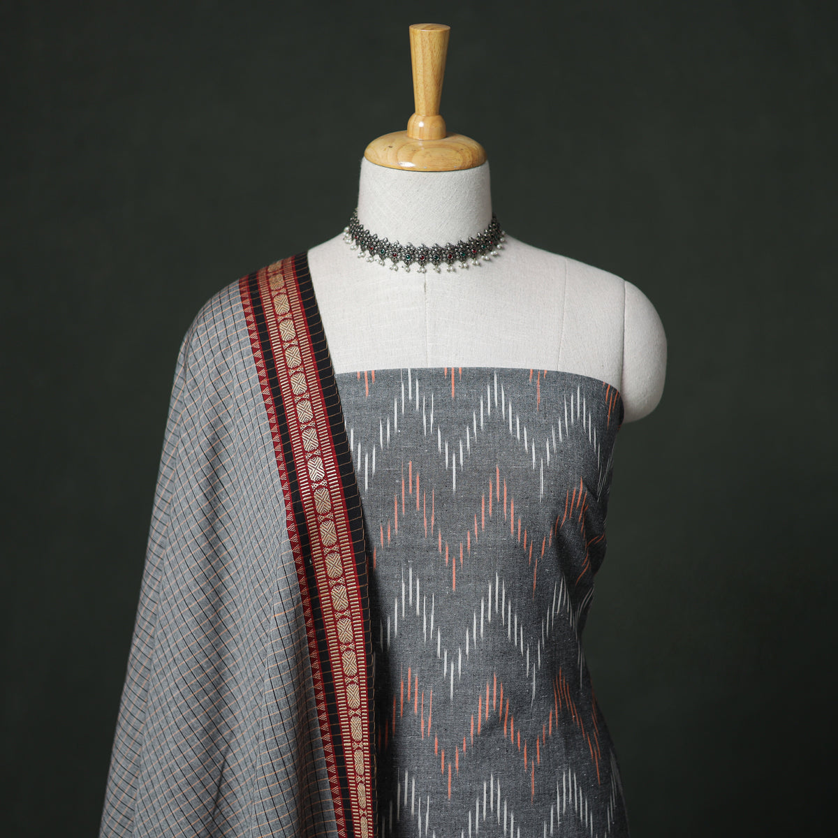Pochampally Ikat Cotton Unstitched Dress Material: Kurta with Dupatta 01