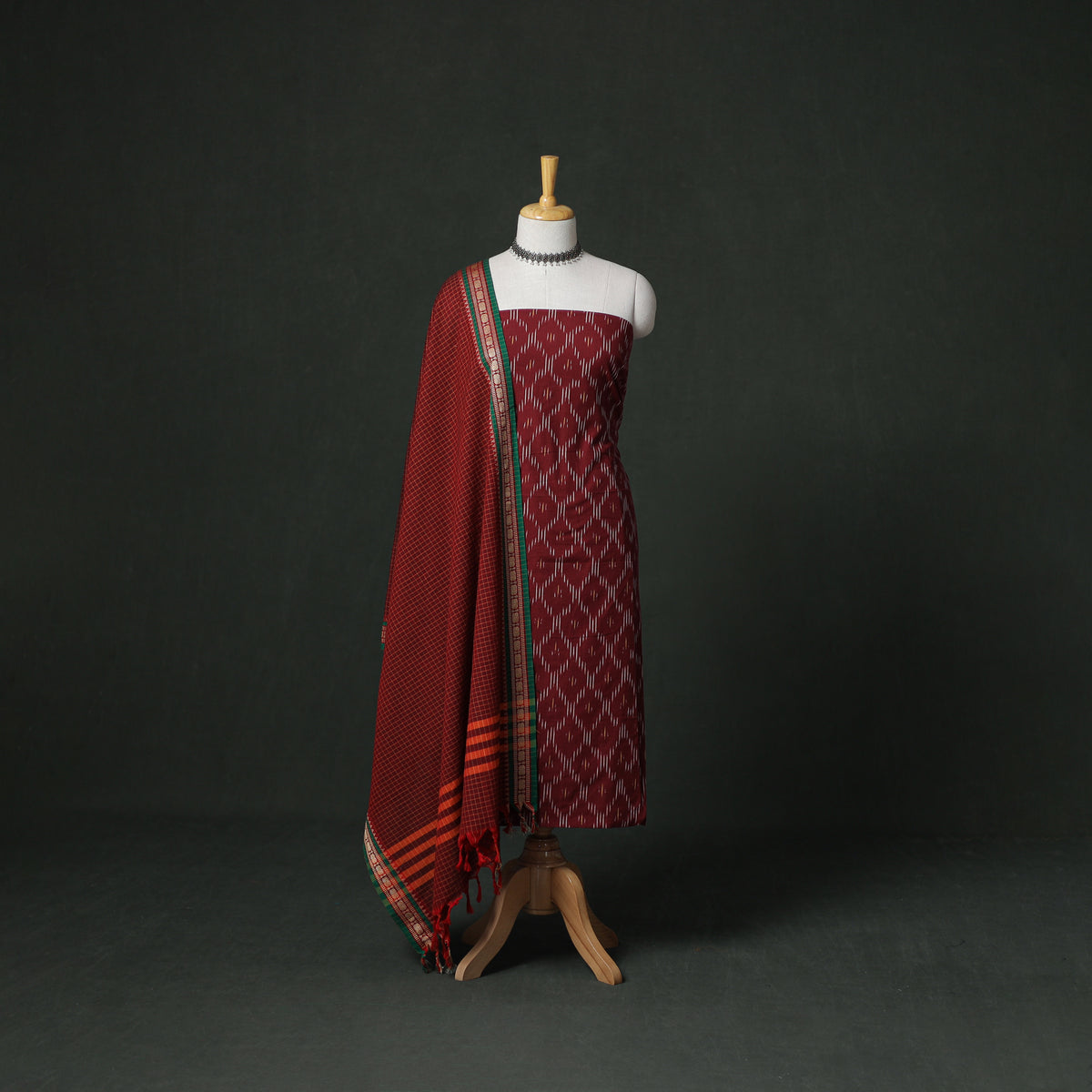 Pochampally Ikat Cotton Unstitched Dress Material: Kurta with Dupatta 05