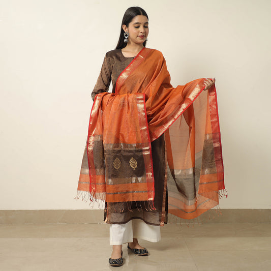 Brown - Traditional Maheshwari Silk Tissue Zari Weave Handloom Kurta with Dupatta Set 01