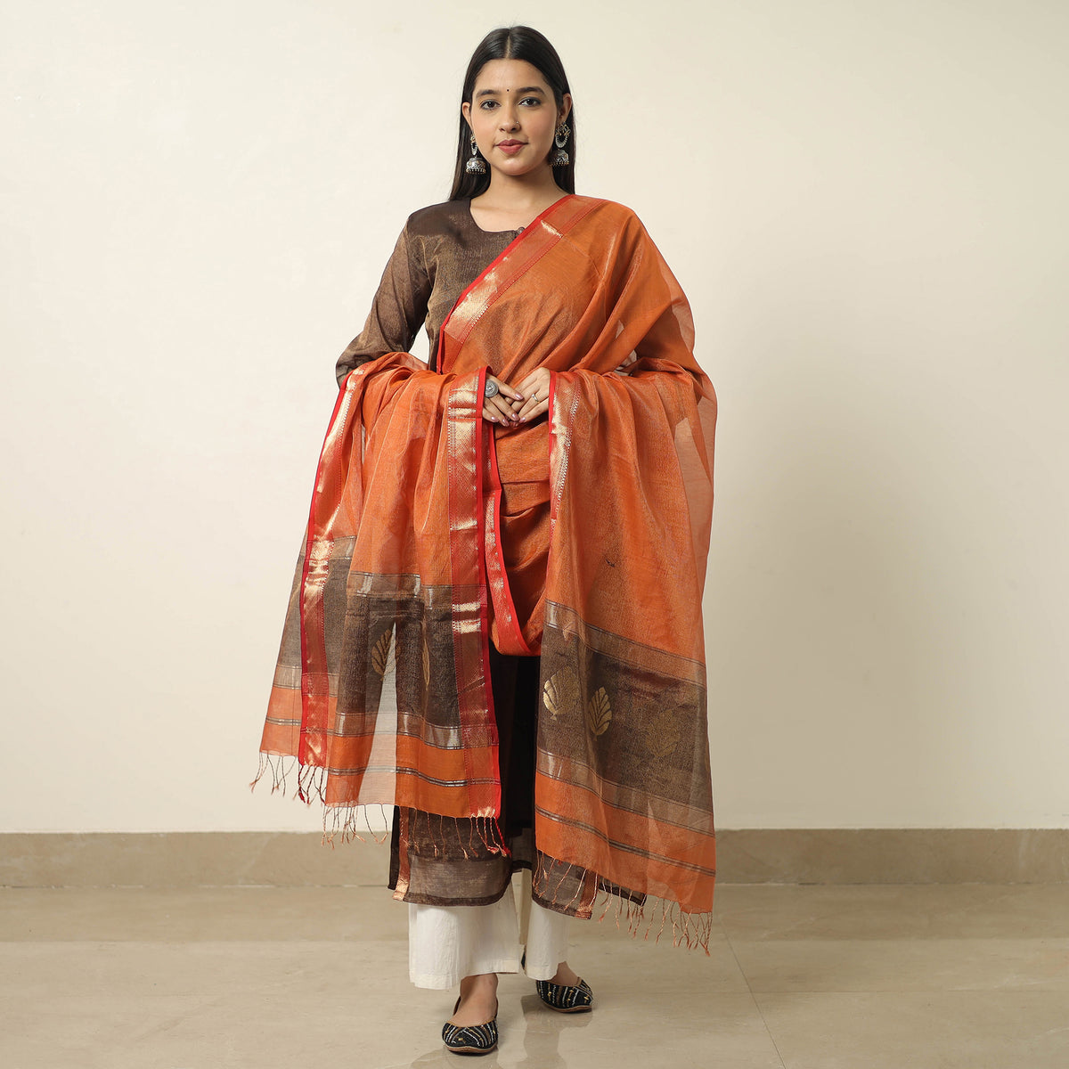 Brown - Traditional Maheshwari Silk Tissue Zari Weave Handloom Kurta with Dupatta Set 01