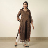 Brown - Traditional Maheshwari Silk Tissue Zari Weave Handloom Kurta with Dupatta Set 01