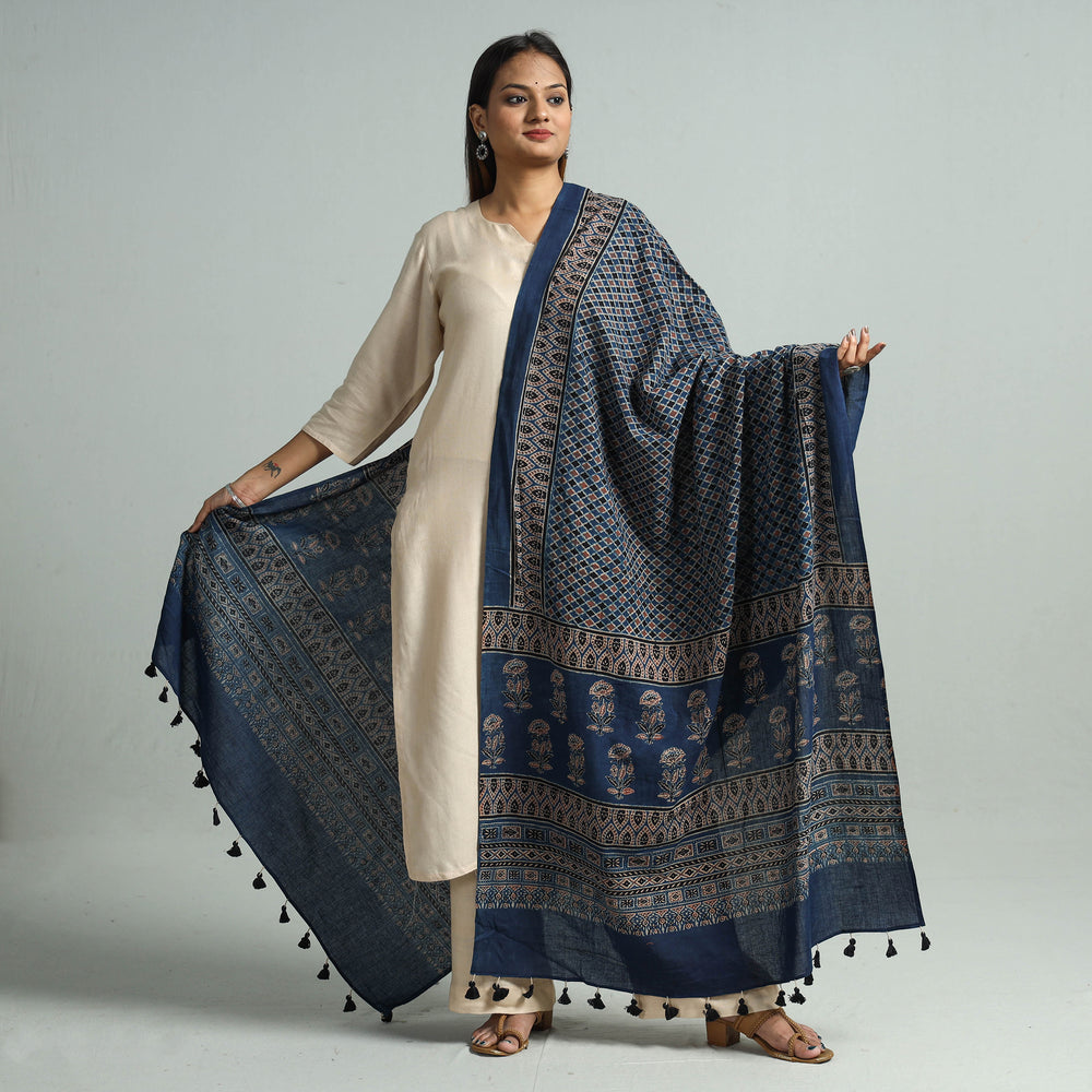 Blue - Ajrakh Hand Block Printed Cotton Dupatta with Tassels 90